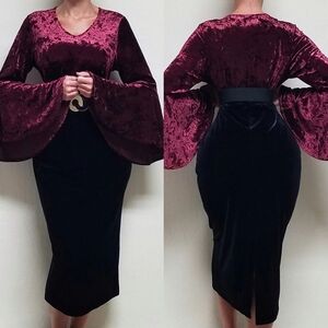 80s Vintage R&K Evenings Burgundy Black Velvet Bell Sleeve Pencil Skirt Set L